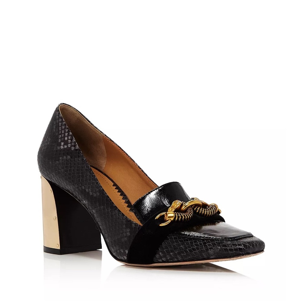 Tory Burch Jessa stamped snake embossed black leather Block Heel Pumps size:7.5